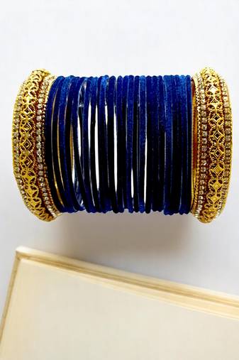 Set of 24 navy blue and gold plated velvet bangle set