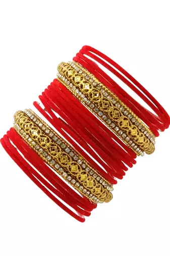 Set of 16 red and gold plated velvet bangle set