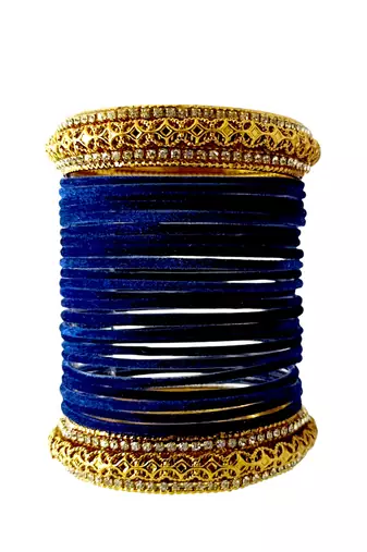 Set of 24 navy blue and gold plated velvet bangle set