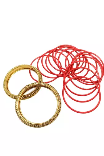 Set of 16 red and gold plated velvet bangle set
