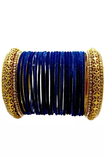 Set of 24 navy blue and gold plated velvet bangle set