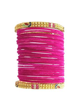 Set of 28 rani and gold plated velvet bangle set 2