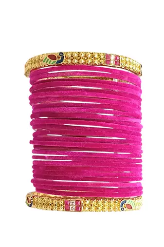 Set of 28 rani and gold plated velvet bangle set