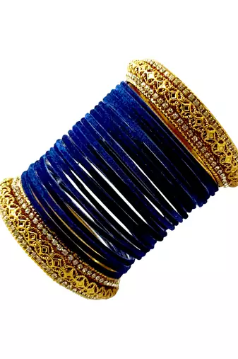 Set of 24 navy blue and gold plated velvet bangle set