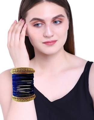 Set of 24 navy blue and gold plated velvet bangle set 5