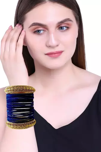 Set of 24 navy blue and gold plated velvet bangle set