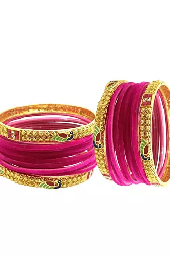 Set of 28 rani and gold plated velvet bangle set