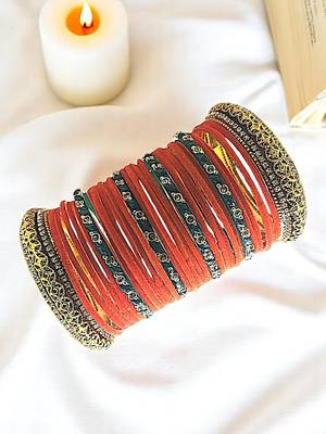 Set of 30 orange, green and gold plated velvet bangle set 1