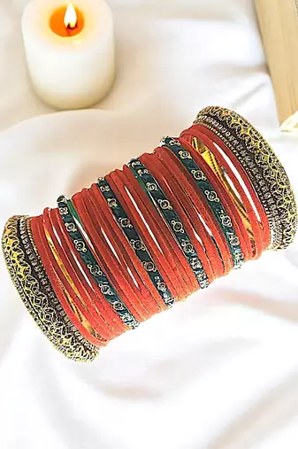 Set of 30 orange, green and gold plated velvet bangle set