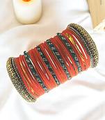 Set of 30 orange, green and gold plated velvet bangle set