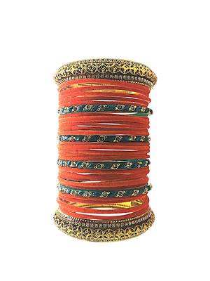 Set of 30 orange, green and gold plated velvet bangle set 2