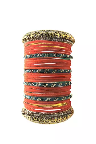 Set of 30 orange, green and gold plated velvet bangle set