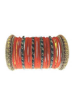 Set of 30 orange, green and gold plated velvet bangle set 3