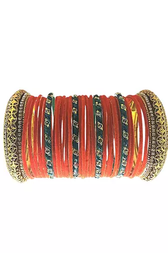 Set of 30 orange, green and gold plated velvet bangle set