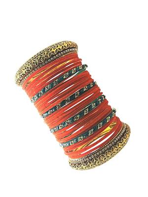 Set of 30 orange, green and gold plated velvet bangle set 4
