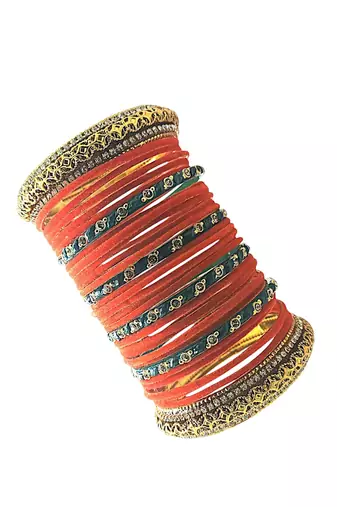Set of 30 orange, green and gold plated velvet bangle set