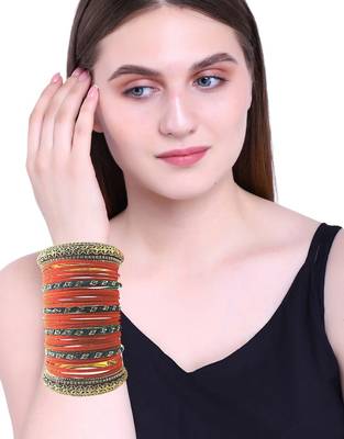 Set of 30 orange, green and gold plated velvet bangle set 5