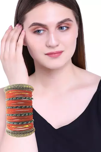 Set of 30 orange, green and gold plated velvet bangle set