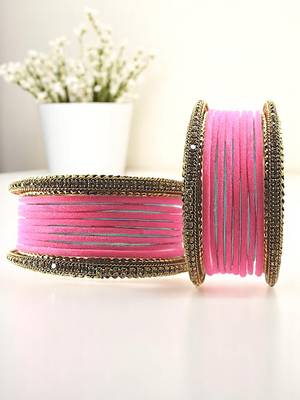 Set of 20 pink and gold plated velvet bangle set 1