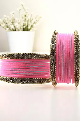 Set of 20 pink and gold plated velvet bangle set