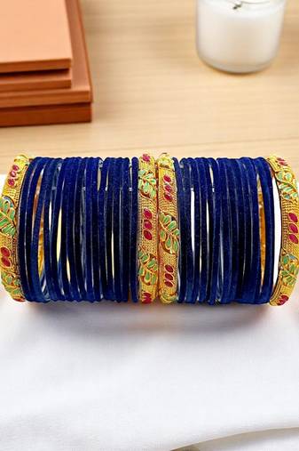 Set of 32 navy blue and gold plated velvet bangle set
