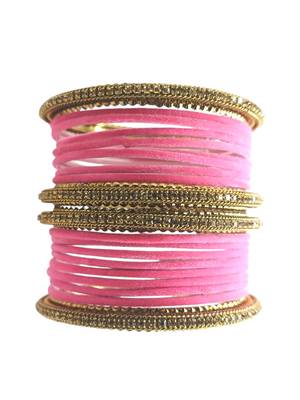 Set of 20 pink and gold plated velvet bangle set 2