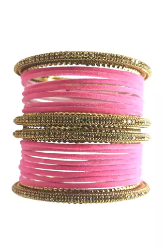 Set of 20 pink and gold plated velvet bangle set