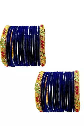 Set of 32 navy blue and gold plated velvet bangle set