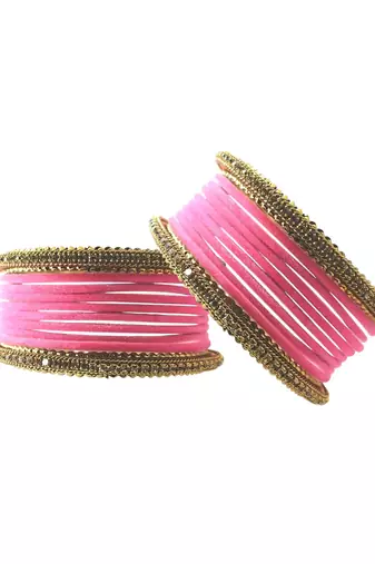 Set of 20 pink and gold plated velvet bangle set