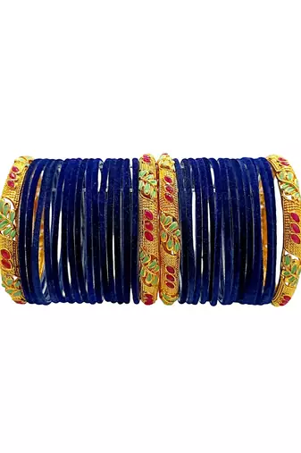 Set of 32 navy blue and gold plated velvet bangle set