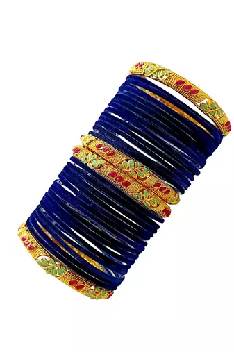 Set of 32 navy blue and gold plated velvet bangle set