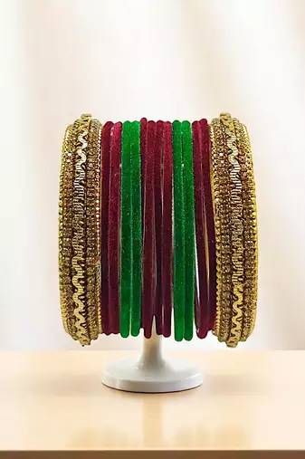 Set of 14 maroon & green velvet bangle set