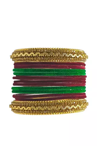 Set of 14 maroon & green velvet bangle set