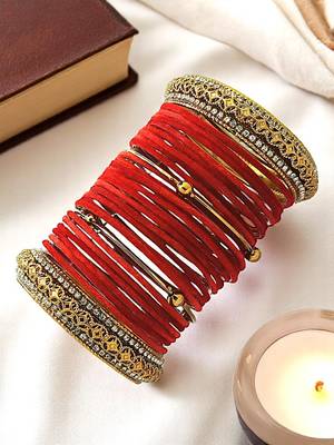Set of 28 red and gold plated velvet bangle set 1