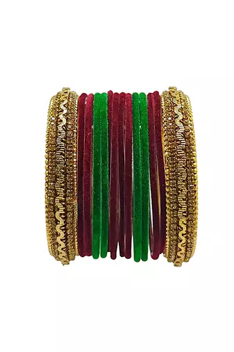 Set of 14 maroon & green velvet bangle set