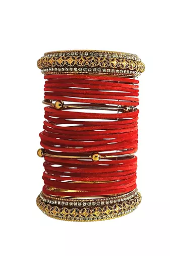 Set of 28 red and gold plated velvet bangle set