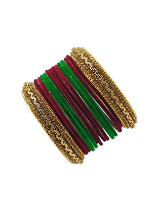 Set of 14 maroon & green velvet bangle set 4