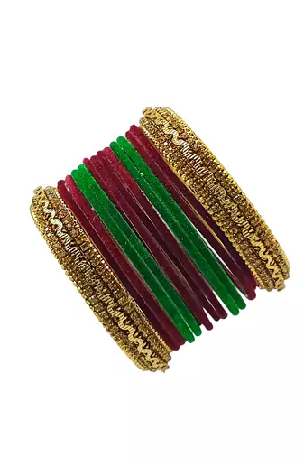 Set of 14 maroon & green velvet bangle set