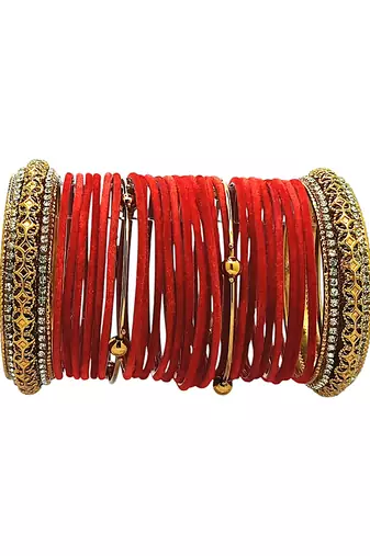Set of 28 red and gold plated velvet bangle set