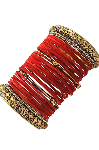Set of 28 red and gold plated velvet bangle set