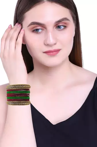 Set of 14 maroon & green velvet bangle set