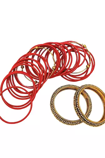 Set of 28 red and gold plated velvet bangle set