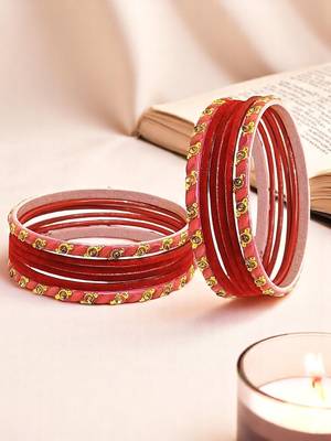 Set of 12 red, peach glass with velvet bangle set 1