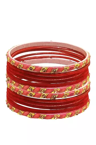 Set of 12 red, peach glass with velvet bangle set