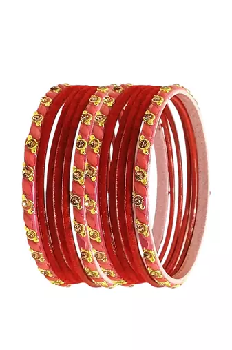 Set of 12 red, peach glass with velvet bangle set