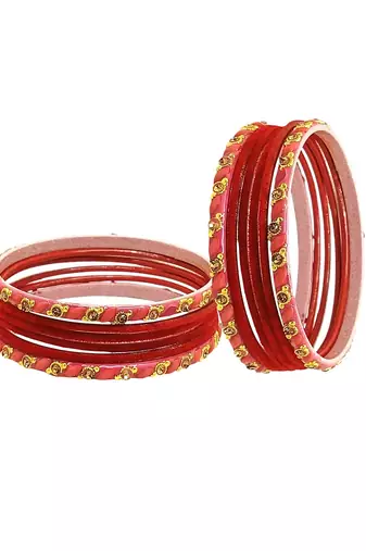 Set of 12 red, peach glass with velvet bangle set