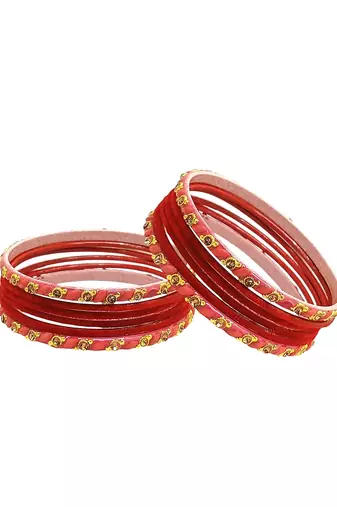 Set of 12 red, peach glass with velvet bangle set