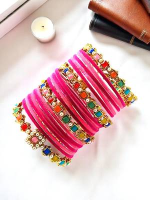 Set of 16 multicolor stone studded velvet bangle set 1
