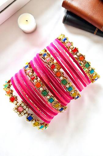 Set of 16 multicolor stone studded velvet bangle set
