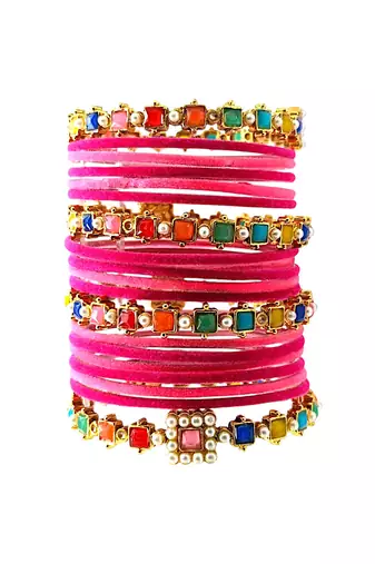 Set of 16 multicolor stone studded velvet bangle set